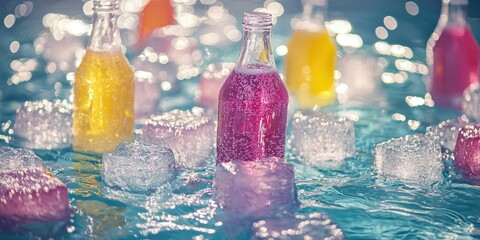Icy refreshment concept with bottled drinks on shimmering cubes in a quiet pool Stock photo