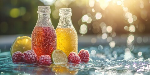 Lemon-lime and raspberry tea bottles with frosty condensation lying in cold pool water Stock photo