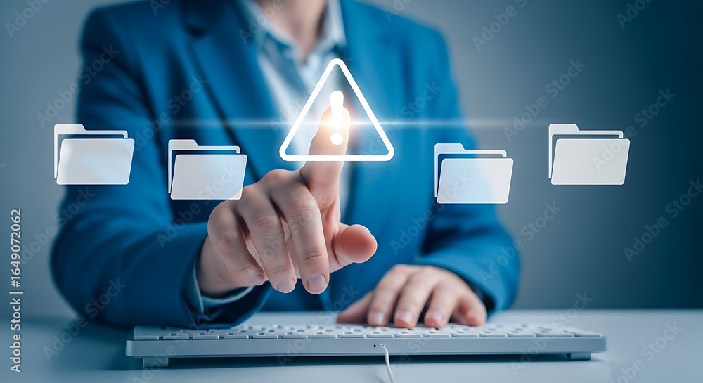Poster business person interacting with a digital interface showing a warning symbol and data folders, repr