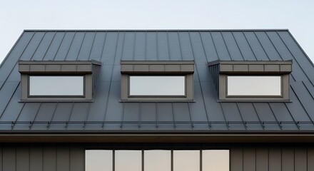 Fototapeta premium Geometric roof detail showcases a modern home exterior with symmetrical window design