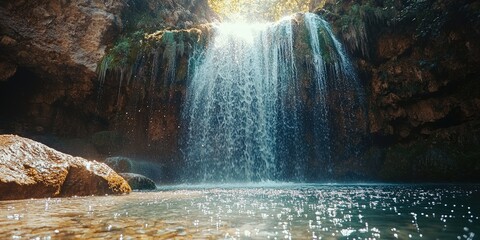 Low-angle view of mighty waterfall from base of pool, water droplets shimmering in sunlight Stock photo