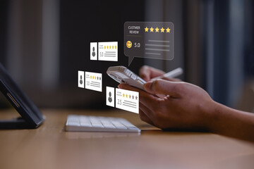 person touching virtual customer satisfaction rating interface with star reviews and smiling emoji, concept for online feedback, service quality business reputation.