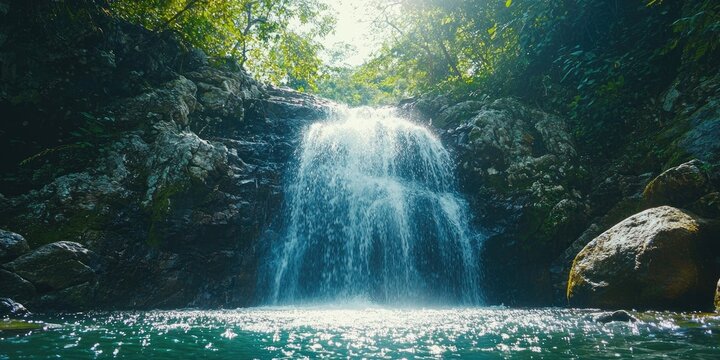 Low-angle view of mighty waterfall from base of pool, water droplets shimmering in sunlight Stock photo