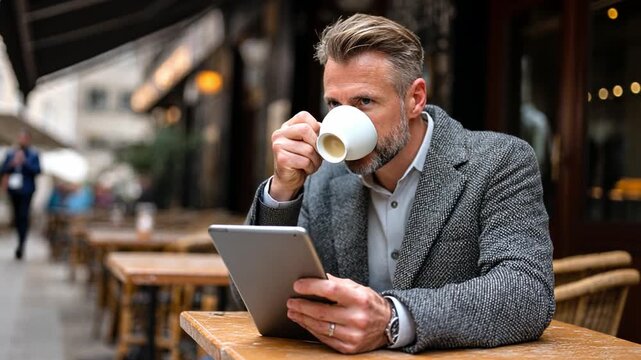Male social media strategist reviewing analytics and creating TikTok thumbnails on tablet while sipping espresso at an outdoor.
