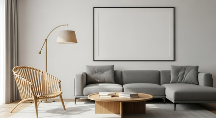 Modern living room with comfortable sofa and armchair and blank wall art