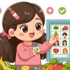 Nurturing Nutrition: A charming cartoon illustration depicts a young girl enthusiastically selecting a healthy snack from a tablet, while holding a vitamin bottle.