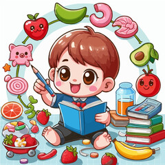Learning Joy: A cute cartoon boy sits amidst a vibrant array of educational elements, pencil in hand, absorbed in a blue book, symbolizing the pure joy and innocence of early education.