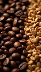 Fototapeta premium Close-up of freshly roasted coffee beans and grains, barley, illustration, crop