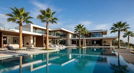 Luxurious modern villa with crystal blue pool surrounded by swaying palm trees