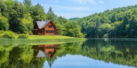 Fototapeta premium Cozy Log Cabin Retreat by a Serene Lake, Embraced by Lush Forest and Bright Blue Skies