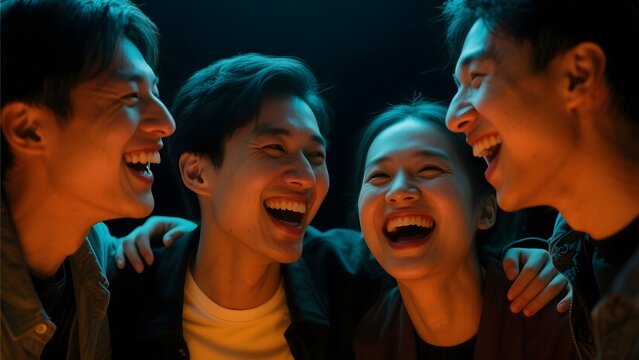 Group of friends sharing a joyful moment, laughing together in a dimly lit setting.