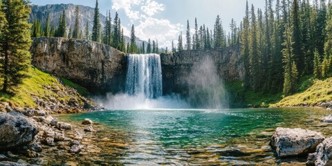 Massive waterfall pours into crystal-clear rocky basin, conifer trees framing the scene, cool mist floating in the air Stock photo