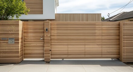 Modern home exterior featuring a contemporary wooden gate and architectural design elements