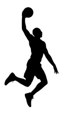 Basketball player dunking silhouette in mid-air action, vector SVG illustration