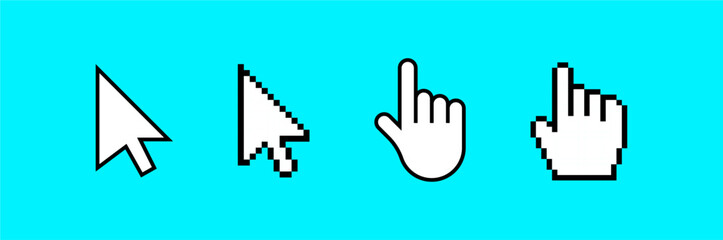 Mouse cursor icons, Pixel art arrow and hand pointer graphics on blue background, Retro 8-Bit Computer Symbols, Digital Interface Elements, Pixelated Pointer Set, Vector illustration.