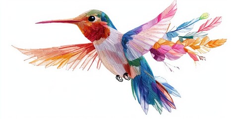 Obraz premium Minimalist thread design of hovering hummingbird, colorful feathers stitched with depth Stock photo