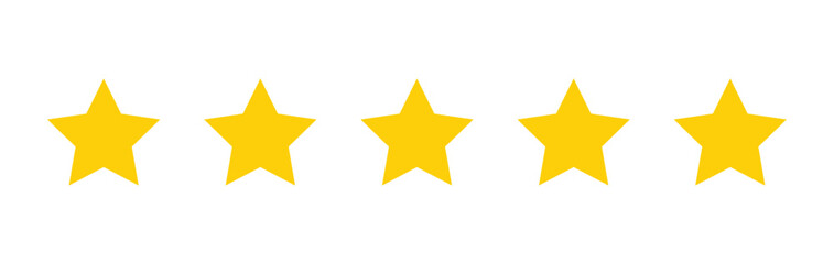Stars icon, Five star rating, Row of five yellow stars in horizontal alignment, Quality Review Symbols, Customer Feedback Icons, Excellence Score Graphic Illustration, Vector illustration.