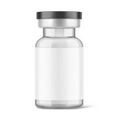 Transparent glass vial for injections mockup. Vector illustration isolated on white background. Can be use for medicine, cosmetic and other. Ready for your design. EPS10.