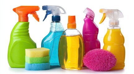 Colorful cleaning supplies and sponges