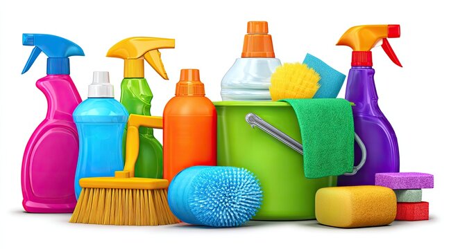 Colorful cleaning supplies in a bright arrangement