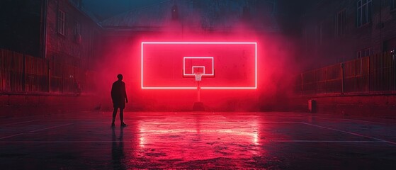 Neon Night Basketball: A solitary figure contemplates a glowing basketball hoop under a crimson sky in an urban setting.
