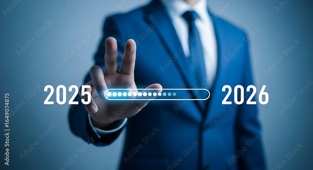 Poster a businessman in a suit touching a futuristic screen displaying a progress bar between the years 202