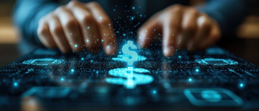 Digital Finance: Hands Interacting with a Holographic Dollar Sign on a Futuristic Screen