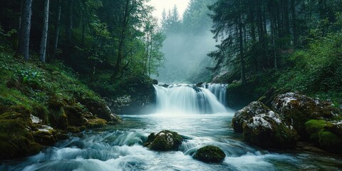 Fototapeta premium Moody forest waterfall with dark green foliage and powerful whitewater stream Stock photo