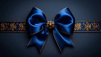 Luxurious navy blue satin bow atop a decorative ribbon