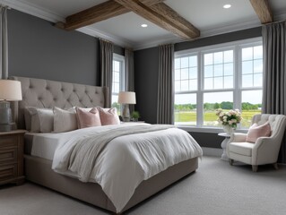 Fototapeta premium Elegant modern bedroom design cozy home interior photography bright natural light contemporary style
