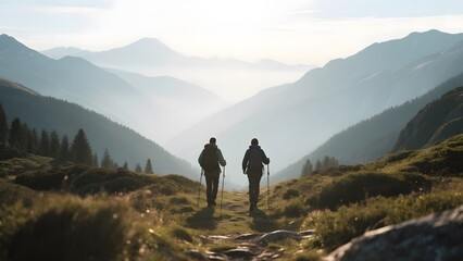 Two hikers trekking through a mountainous landscape with misty valleys below
