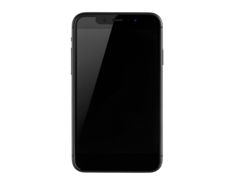 Modern black smartphone front view isolated on transparent background PNG