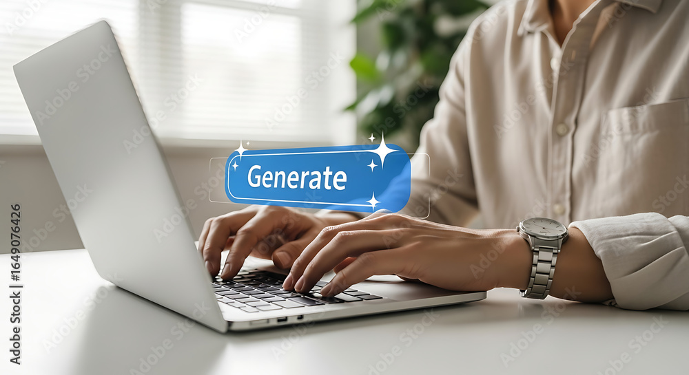 Poster closeup of a persons hands typing on a laptop with a generate button highlighted, representing digit