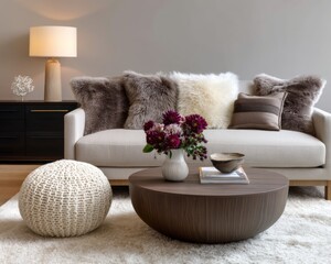 Cozy living room decor with elegant sofa modern home interior design warm atmosphere eye-level comfort and style