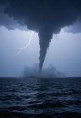 A dramatic thunderstorm brews over the ocean, with a towering cloud and a bolt of lightning striking near the horizon, creating a striking contrast against the dark, stormy sky