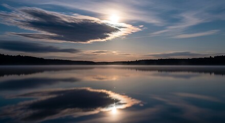Misty Sunrise over Calm Lake with Reflected Clouds