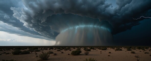 A dramatic thunderstorm looms over a barren desert plain, its towering cloud formations casting an eerie glow as lightning strikes below