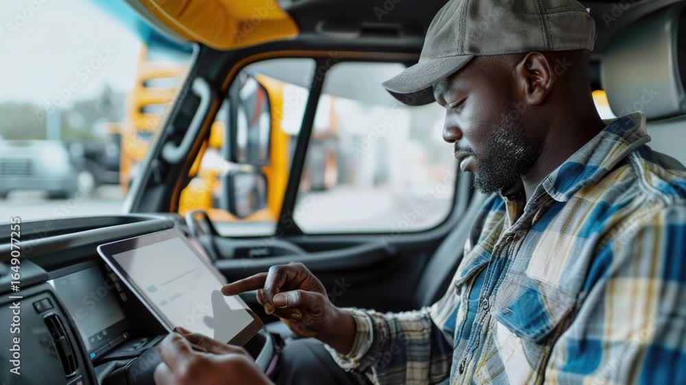 Poster man operating a tablet while seated in a truck driver's seat, possibly checking navigation or emails