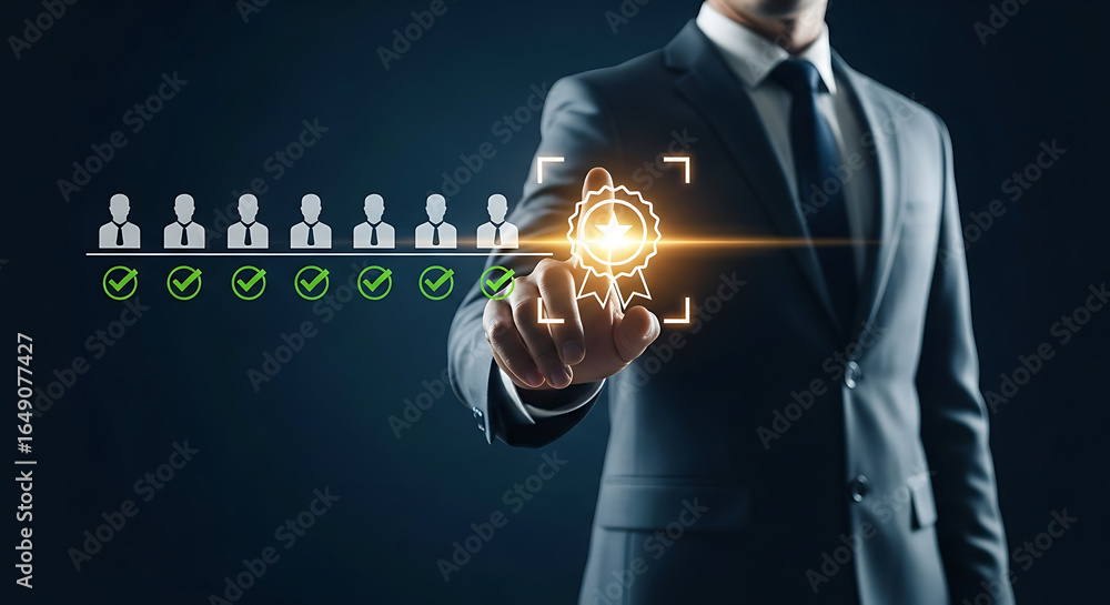 Poster businessman touching a screen displaying a list of employees with checkmarks and a quality award ico