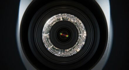 A detailed view through a camera lens captures a circular city landscape