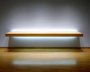 Minimalist wooden shelf design in modern gallery setting artistic display contemporary environment centered viewpoint