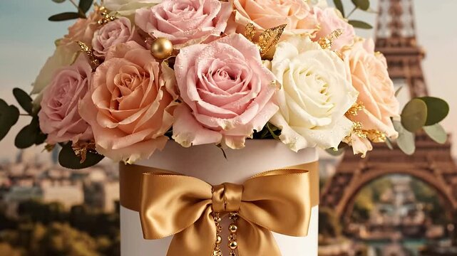 Luxury Rose Bouquet in Paris with Eiffel Tower Romantic Floral Gift Box for Anniversary Valentines Day Love Celebration