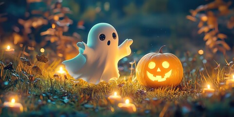 Playful ghost rolling a pumpkin across candlelit grass, Holly Gennerman sweet style Stock photo
