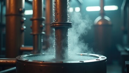 A realistic image of a distillation column with vapour rising and condensing. 