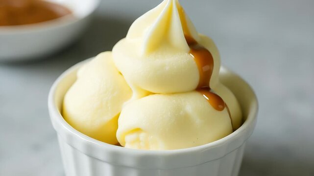 A white bowl filled with creamy ice cream and paired with a complementary bowl of dipping sauce