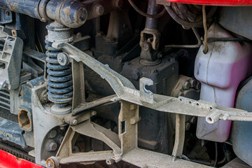 Close-up of a truck engine system with the hood removed	
