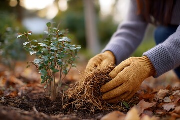 Woman preparing soil with mulch for winter gardening Generative AI