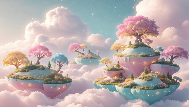 Floating islands with colorful trees and fluffy clouds create a dreamy and whimsical landscape