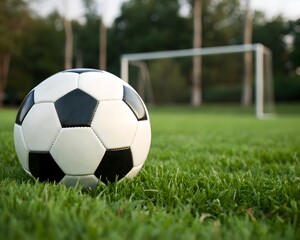 Fototapeta premium A soccer ball resting on green grass in front of a soccer goal on a field during the daytime outdoors