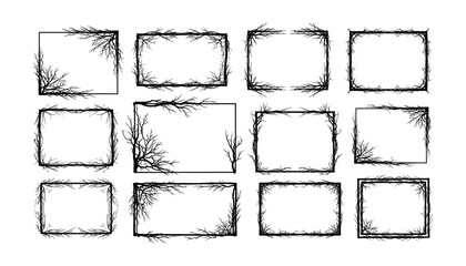 Set of Black Frames Decorated with Twigs for Halloween or Gothic Style Design Elements on White Backgrounds